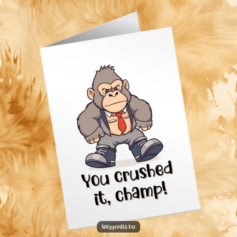 Funny Free Printable Gorilla Congratulations Card: a gorilla in big shoes hilariously stomping to celebrate success.