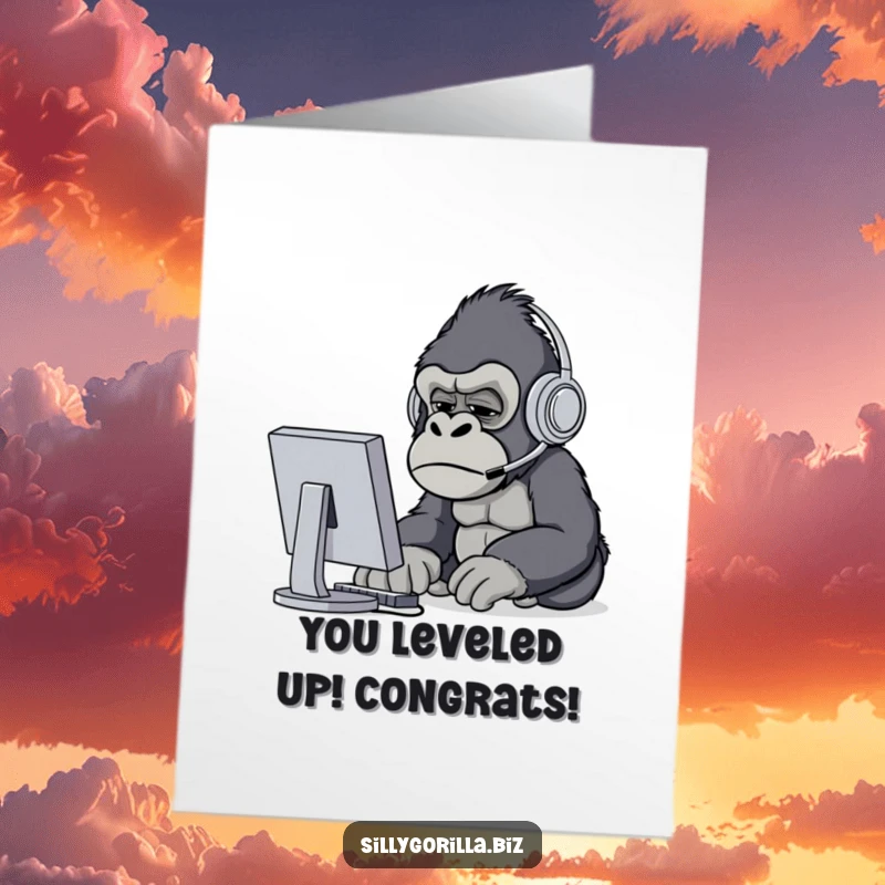 Funny Free Printable Congratulations Card: Confused gorilla stares at computer, perfect for new job or promotion.