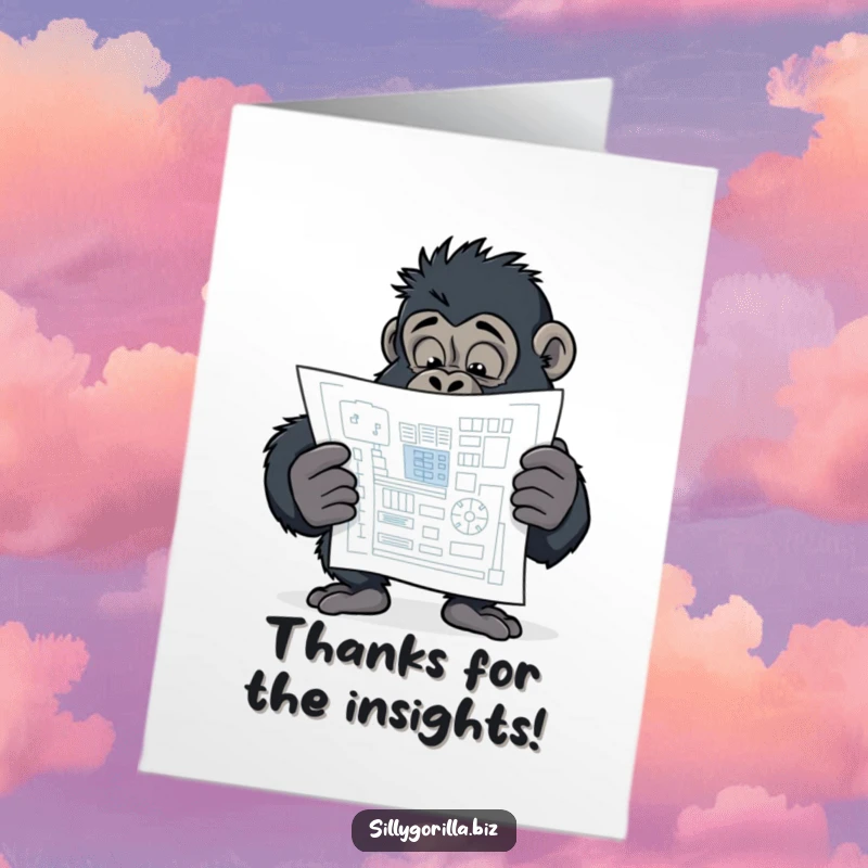 Funny Free Printable Thank You Card: Curious gorilla character intently examining a stylized blueprint.