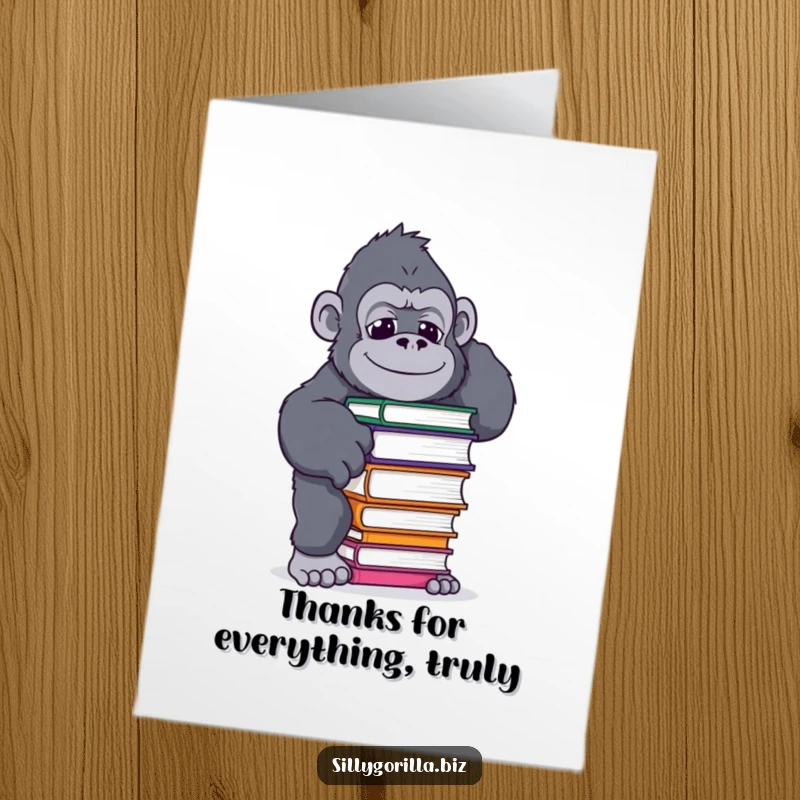 Funny Free Printable thank you card featuring a gorilla in a funny pose, desperately trying to balance a steaming coffee mug.