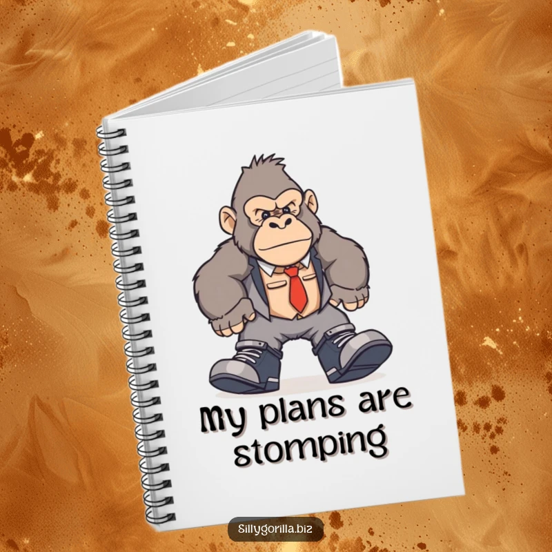 Funny gorilla notebook with a character in oversized work shoes, humorously stomping around an office environment.