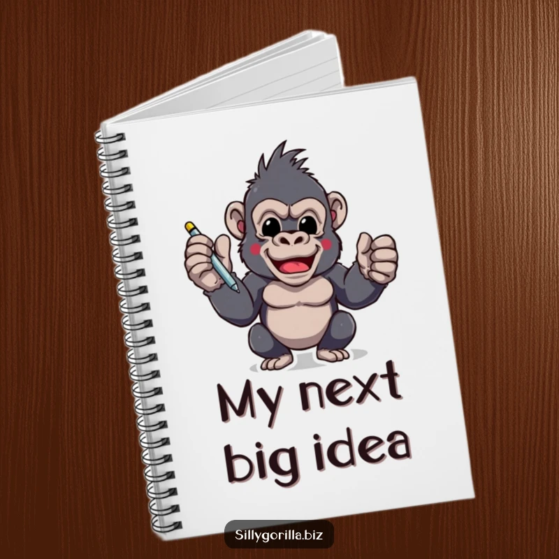 Funny notebook with an excited gorilla character holding a pen, ready to sign, ideal for capturing plans with a humorous and determined touch.