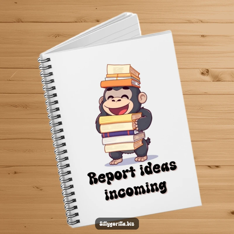 Funny notebook with a happy gorilla character attempting to balance a large stack of reports, designed for jotting down notes humorously.