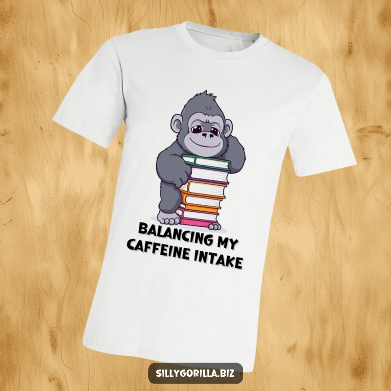 Funny t-shirt featuring a gorilla in a humorous pose, struggling to balance a coffee mug, perfect for coffee lovers and humor enthusiasts.