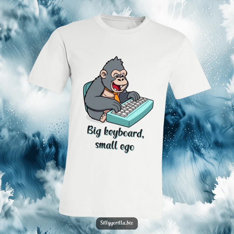 Funny t-shirt depicting a stylized gorilla wearing a small tie, intensely typing on a huge computer keyboard, perfect for office humor lovers.