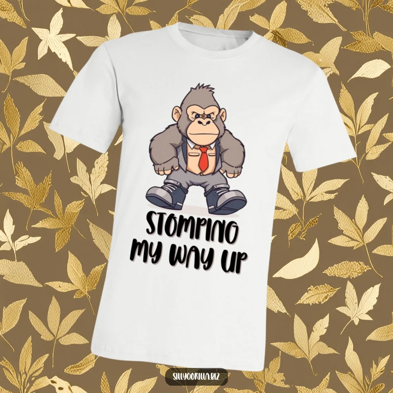Funny gorilla t-shirt showing a character in oversized work shoes, comically stomping and creating chaos in an office setting.