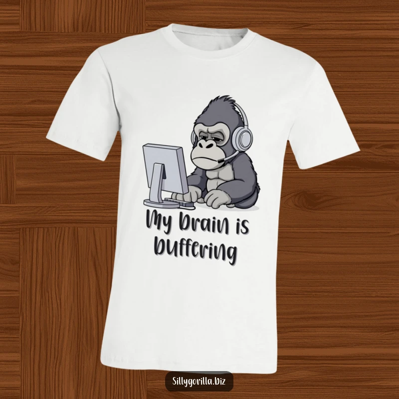 Funny confused gorilla wearing headset, squinting at computer screen, IT humor t-shirt, relatable tech struggle.