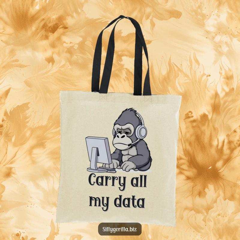 Funny confused gorilla wearing headset at computer, used on a tote bag, ideal for quirky shoppers.