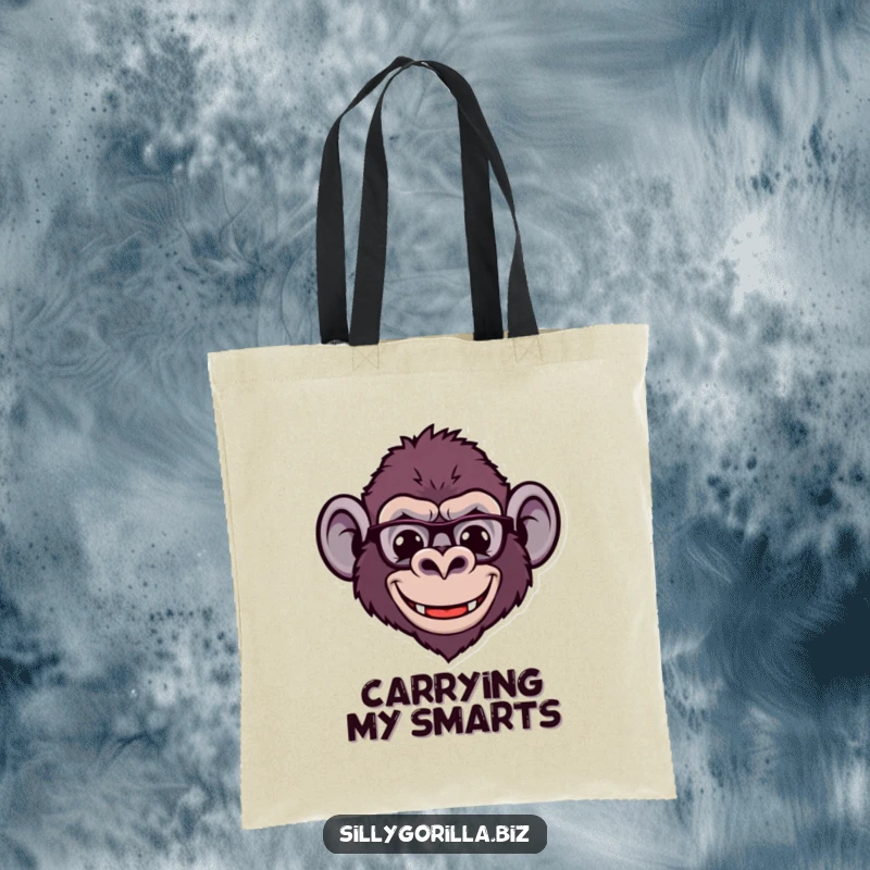 Funny tote bag with a stylized gorilla head wearing tiny spectacles and a wide smile, ideal for carrying items with quirky intelligence.