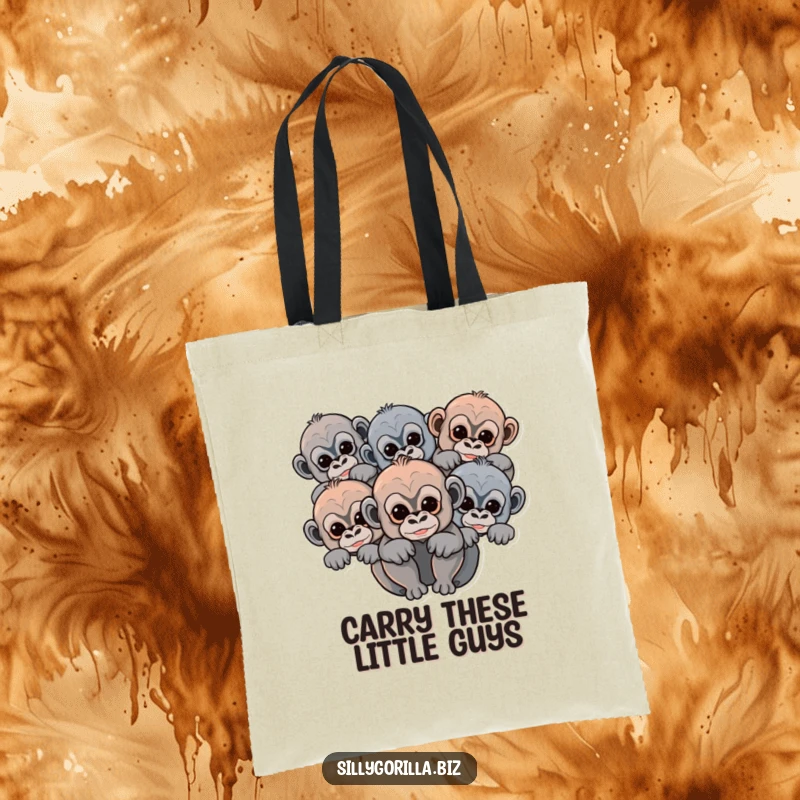 Funny baby gorilla tote bag with abstract rounded shapes of cute primates peeking, a durable and stylish carry-all.