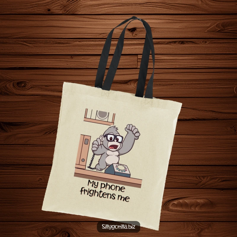 Funny gorilla wearing glasses, startled by ringing phone, tote bag, humorous gift for callers.