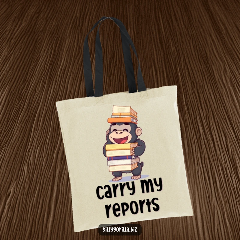 Funny tote bag depicting a happy gorilla character balancing a huge stack of reports, great for carrying essentials with a humorous theme.