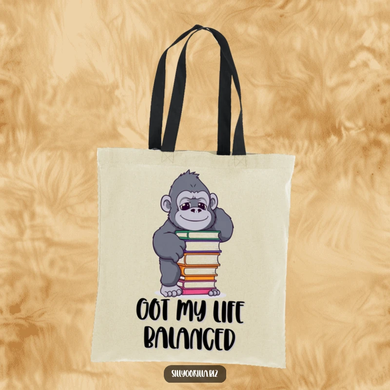 Funny tote bag showing a gorilla in a comical pose balancing a coffee mug, perfect for carrying essentials with a humorous flair.